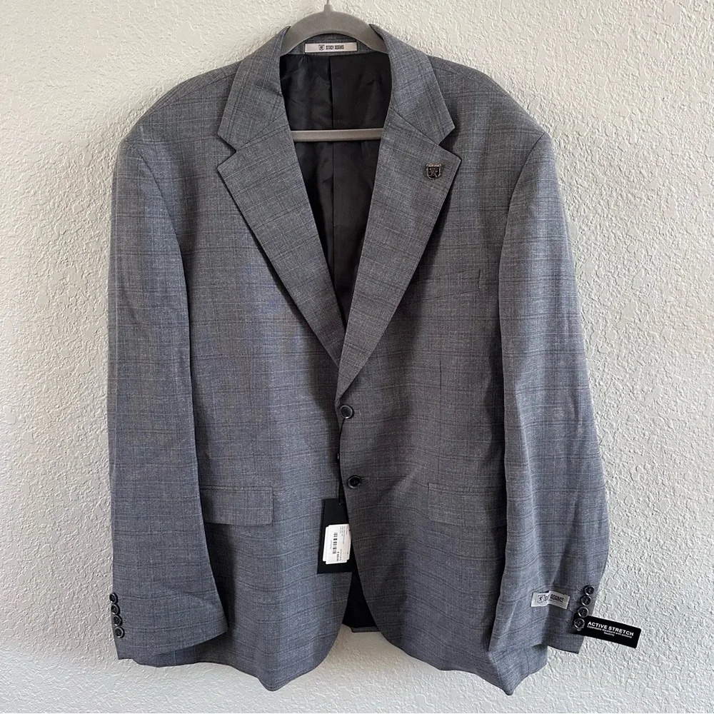 Stacy Adams Grey Plaid Suit Jacket Blazer Men's 52R New With Tags
